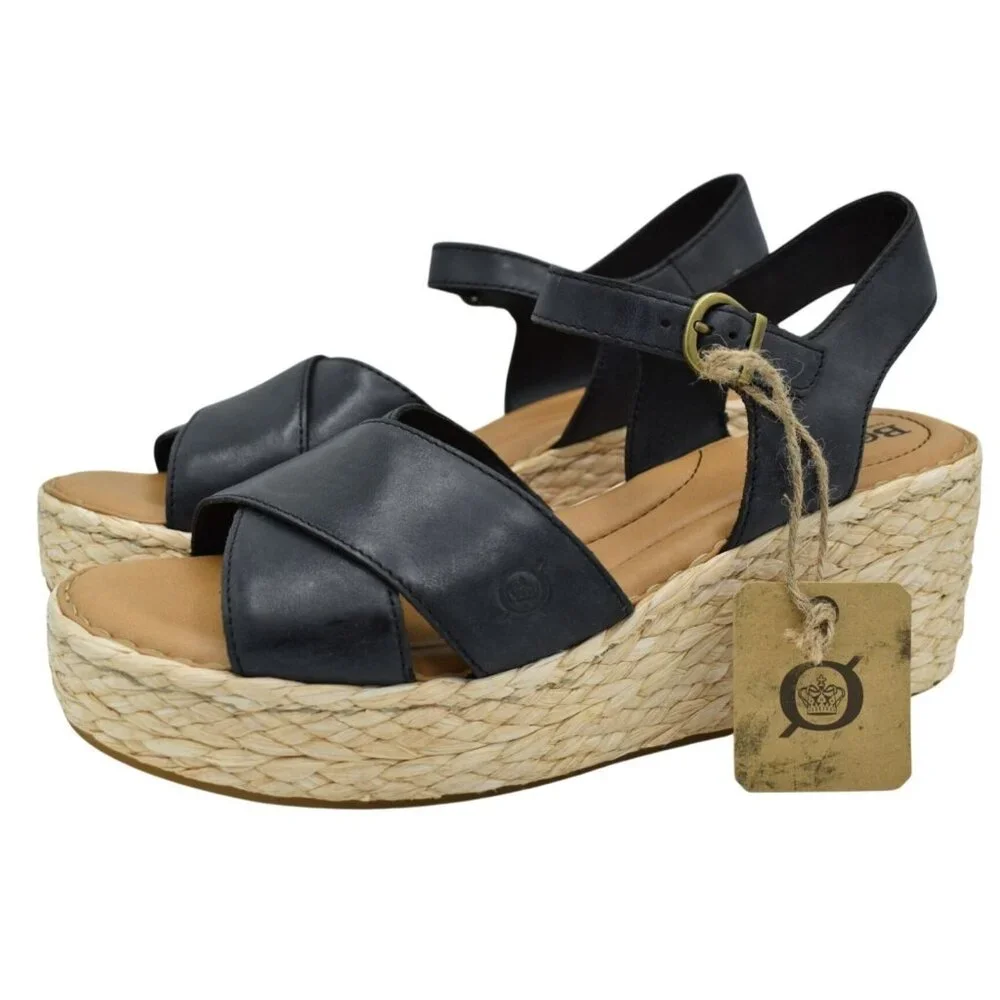 Born Women 10 Moriah Black Full Grain Leather Espadrilles Platform Wedge Sandals